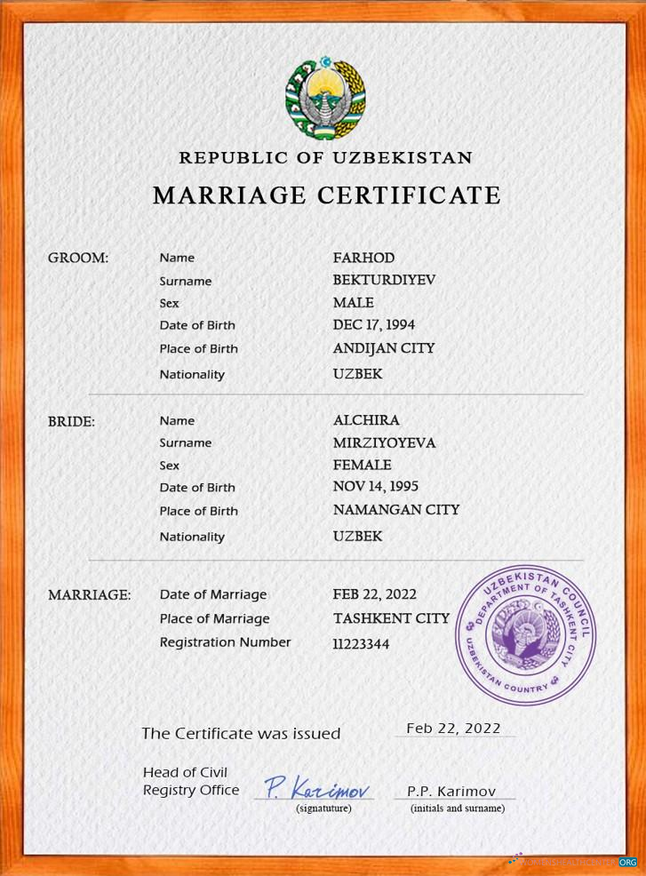 Download Uzbekistan marriage certificate PSD template Photoshop template